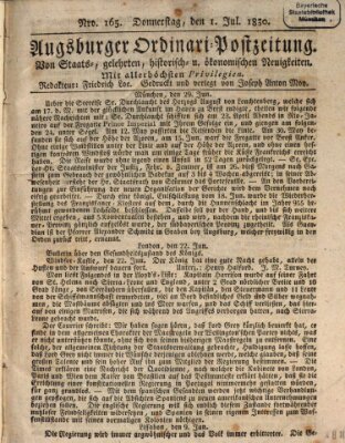 Augsburger Ordinari Postzeitung von Staats-, gelehrten, historisch- u. ökonomischen Neuigkeiten (Augsburger Postzeitung) Donnerstag 1. Juli 1830
