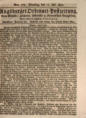 Augsburger Ordinari Postzeitung von Staats-, gelehrten, historisch- u. ökonomischen Neuigkeiten (Augsburger Postzeitung) Sonntag 11. Juli 1830