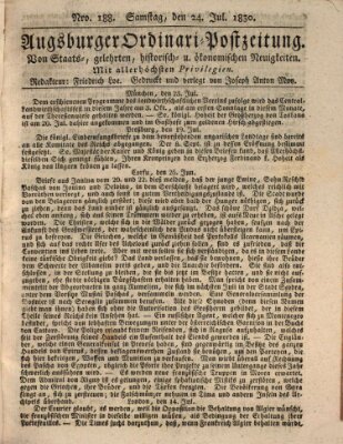 Augsburger Ordinari Postzeitung von Staats-, gelehrten, historisch- u. ökonomischen Neuigkeiten (Augsburger Postzeitung) Samstag 24. Juli 1830