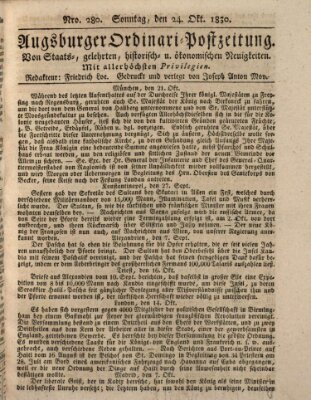 Augsburger Ordinari Postzeitung von Staats-, gelehrten, historisch- u. ökonomischen Neuigkeiten (Augsburger Postzeitung) Sonntag 24. Oktober 1830