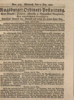 Augsburger Ordinari Postzeitung von Staats-, gelehrten, historisch- u. ökonomischen Neuigkeiten (Augsburger Postzeitung) Mittwoch 1. Dezember 1830
