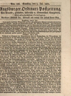 Augsburger Ordinari Postzeitung von Staats-, gelehrten, historisch- u. ökonomischen Neuigkeiten (Augsburger Postzeitung) Samstag 9. Juli 1831