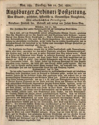 Augsburger Ordinari Postzeitung von Staats-, gelehrten, historisch- u. ökonomischen Neuigkeiten (Augsburger Postzeitung) Dienstag 12. Juli 1831