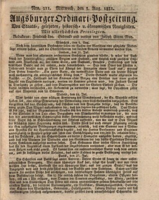 Augsburger Ordinari Postzeitung von Staats-, gelehrten, historisch- u. ökonomischen Neuigkeiten (Augsburger Postzeitung) Mittwoch 3. August 1831