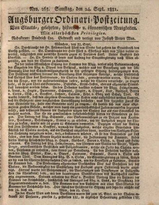 Augsburger Ordinari Postzeitung von Staats-, gelehrten, historisch- u. ökonomischen Neuigkeiten (Augsburger Postzeitung) Samstag 24. September 1831