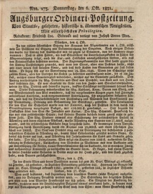 Augsburger Ordinari Postzeitung von Staats-, gelehrten, historisch- u. ökonomischen Neuigkeiten (Augsburger Postzeitung) Donnerstag 6. Oktober 1831