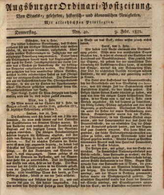 Augsburger Ordinari Postzeitung von Staats-, gelehrten, historisch- u. ökonomischen Neuigkeiten (Augsburger Postzeitung) Donnerstag 9. Februar 1832