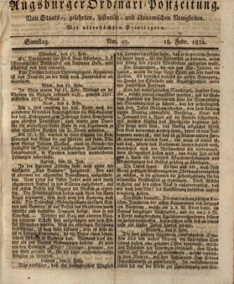 Augsburger Ordinari Postzeitung von Staats-, gelehrten, historisch- u. ökonomischen Neuigkeiten (Augsburger Postzeitung) Samstag 18. Februar 1832