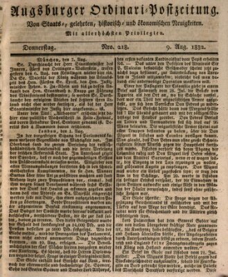 Augsburger Ordinari Postzeitung von Staats-, gelehrten, historisch- u. ökonomischen Neuigkeiten (Augsburger Postzeitung) Donnerstag 9. August 1832
