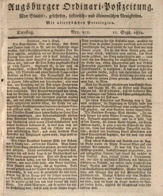 Augsburger Ordinari Postzeitung von Staats-, gelehrten, historisch- u. ökonomischen Neuigkeiten (Augsburger Postzeitung) Dienstag 11. September 1832