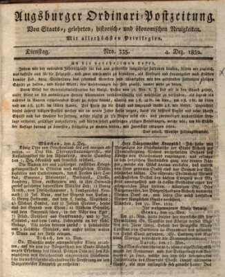 Augsburger Ordinari Postzeitung von Staats-, gelehrten, historisch- u. ökonomischen Neuigkeiten (Augsburger Postzeitung) Dienstag 4. Dezember 1832
