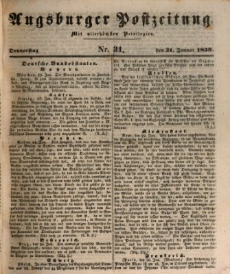 Augsburger Postzeitung Donnerstag 31. Januar 1839