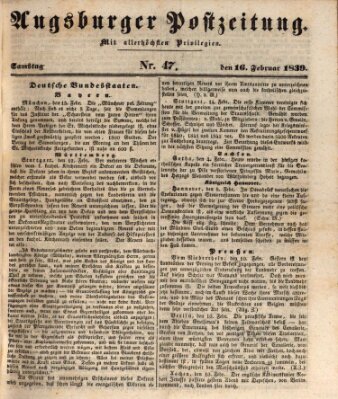 Augsburger Postzeitung Samstag 16. Februar 1839