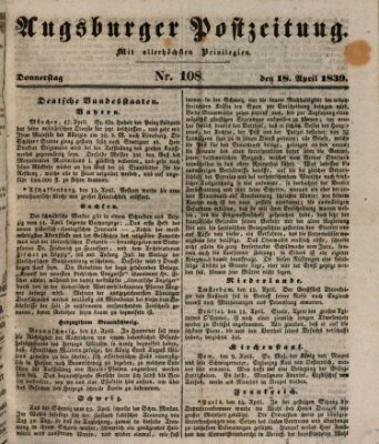 Augsburger Postzeitung Donnerstag 18. April 1839