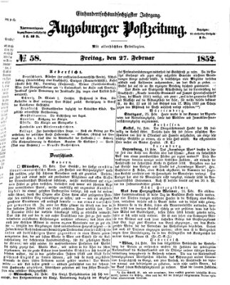 Augsburger Postzeitung Freitag 27. Februar 1852