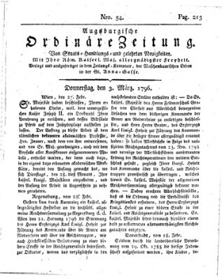 Augsburgische ordinäre Zeitung von Staats-Handlungs- und gelehrten Neuigkeiten (Augsburger Abendzeitung) Donnerstag 3. März 1796