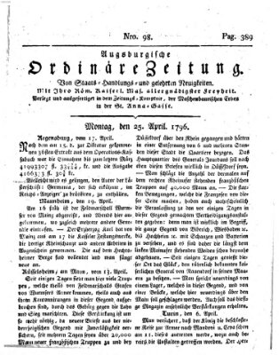 Augsburgische ordinäre Zeitung von Staats-Handlungs- und gelehrten Neuigkeiten (Augsburger Abendzeitung) Montag 25. April 1796