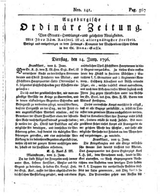 Augsburgische ordinäre Zeitung von Staats-Handlungs- und gelehrten Neuigkeiten (Augsburger Abendzeitung) Dienstag 14. Juni 1796