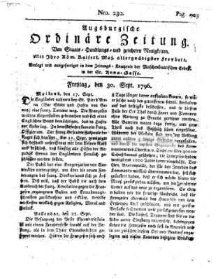 Augsburgische ordinäre Zeitung von Staats-Handlungs- und gelehrten Neuigkeiten (Augsburger Abendzeitung) Freitag 30. September 1796