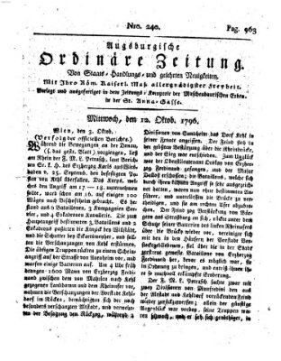 Augsburgische ordinäre Zeitung von Staats-Handlungs- und gelehrten Neuigkeiten (Augsburger Abendzeitung) Mittwoch 12. Oktober 1796