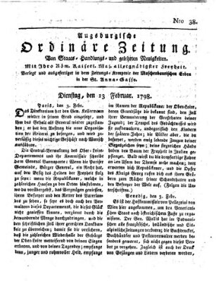 Augsburgische ordinäre Zeitung von Staats-Handlungs- und gelehrten Neuigkeiten (Augsburger Abendzeitung) Dienstag 13. Februar 1798