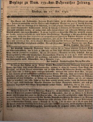 Bayreuther Zeitung Dienstag 22. November 1791