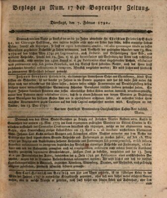 Bayreuther Zeitung Dienstag 7. Februar 1792