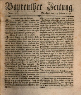 Bayreuther Zeitung Dienstag 14. Februar 1792