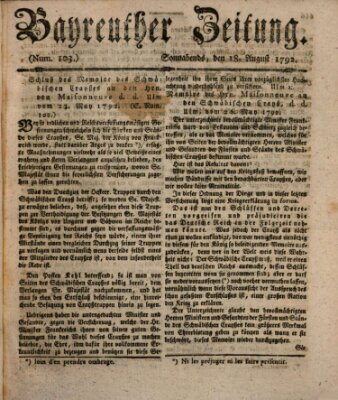 Bayreuther Zeitung Samstag 18. August 1792