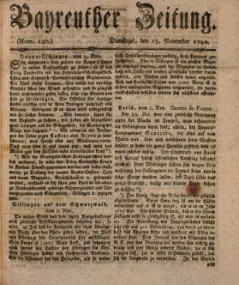 Bayreuther Zeitung Dienstag 13. November 1792