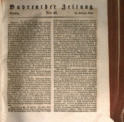 Bayreuther Zeitung Dienstag 23. Februar 1841