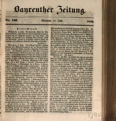 Bayreuther Zeitung Mittwoch 10. Juni 1846