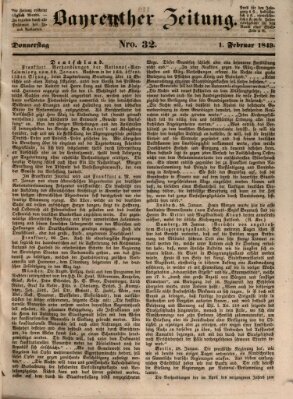 Bayreuther Zeitung Donnerstag 1. Februar 1849