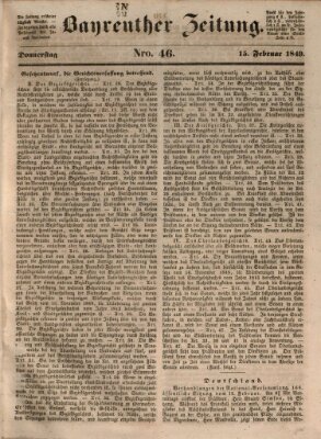 Bayreuther Zeitung Donnerstag 15. Februar 1849