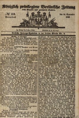 Königlich privilegirte Berlinische Zeitung von Staats- und gelehrten Sachen (Berlinische privilegirte Zeitung) Samstag 16. September 1848