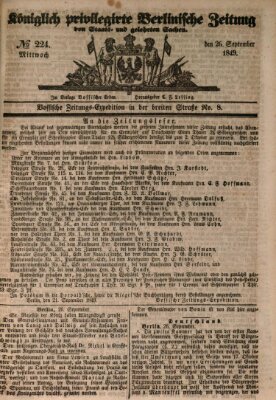 Königlich privilegirte Berlinische Zeitung von Staats- und gelehrten Sachen (Berlinische privilegirte Zeitung) Mittwoch 26. September 1849