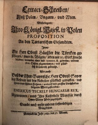 Mercurii Relation, oder wochentliche Reichs Ordinari Zeitungen, von underschidlichen Orthen (Süddeutsche Presse) Samstag 17. März 1685