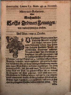 Mercurii Relation, oder wochentliche Reichs Ordinari Zeitungen, von underschidlichen Orthen (Süddeutsche Presse) Samstag 9. November 1686