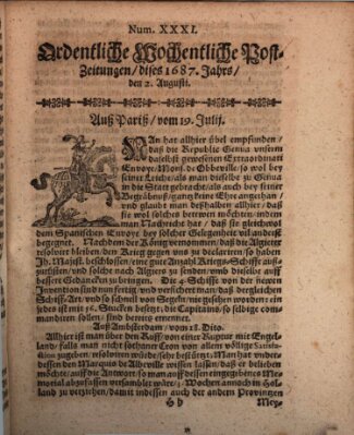 Ordentliche wochentliche Post-Zeitungen Samstag 2. August 1687