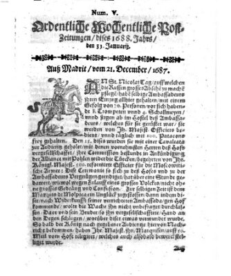 Ordentliche wochentliche Post-Zeitungen Samstag 31. Januar 1688