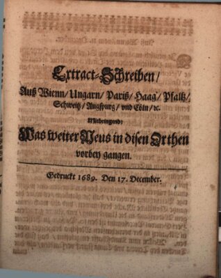Mercurii Relation, oder wochentliche Reichs Ordinari Zeitungen, von underschidlichen Orthen (Süddeutsche Presse) Samstag 17. Dezember 1689