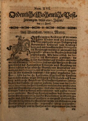Ordentliche wochentliche Post-Zeitungen Samstag 15. April 1690