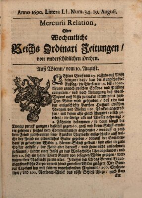 Mercurii Relation, oder wochentliche Reichs Ordinari Zeitungen, von underschidlichen Orthen (Süddeutsche Presse) Samstag 19. August 1690