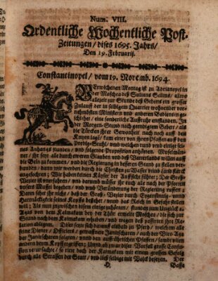 Ordentliche wochentliche Post-Zeitungen Samstag 19. Februar 1695