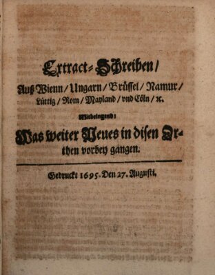 Mercurii Relation, oder wochentliche Reichs Ordinari Zeitungen, von underschidlichen Orthen (Süddeutsche Presse) Samstag 27. August 1695
