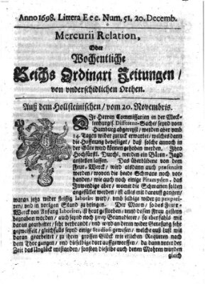 Mercurii Relation, oder wochentliche Reichs Ordinari Zeitungen, von underschidlichen Orthen (Süddeutsche Presse) Samstag 20. Dezember 1698