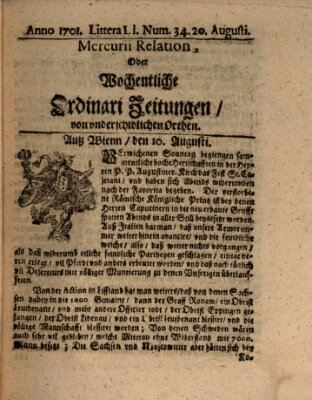Mercurii Relation, oder wochentliche Ordinari Zeitungen von underschidlichen Orthen (Süddeutsche Presse) Samstag 20. August 1701