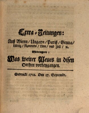 Mercurii Relation, oder wochentliche Ordinari Zeitungen von underschidlichen Orthen (Süddeutsche Presse) Samstag 17. September 1701