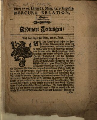 Mercurii Relation, oder wochentliche Ordinari Zeitungen von underschidlichen Orthen (Süddeutsche Presse) Samstag 9. August 1710