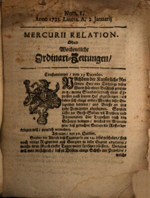 Mercurii Relation, oder wochentliche Ordinari Zeitungen von underschidlichen Orthen (Süddeutsche Presse) Samstag 2. Januar 1723